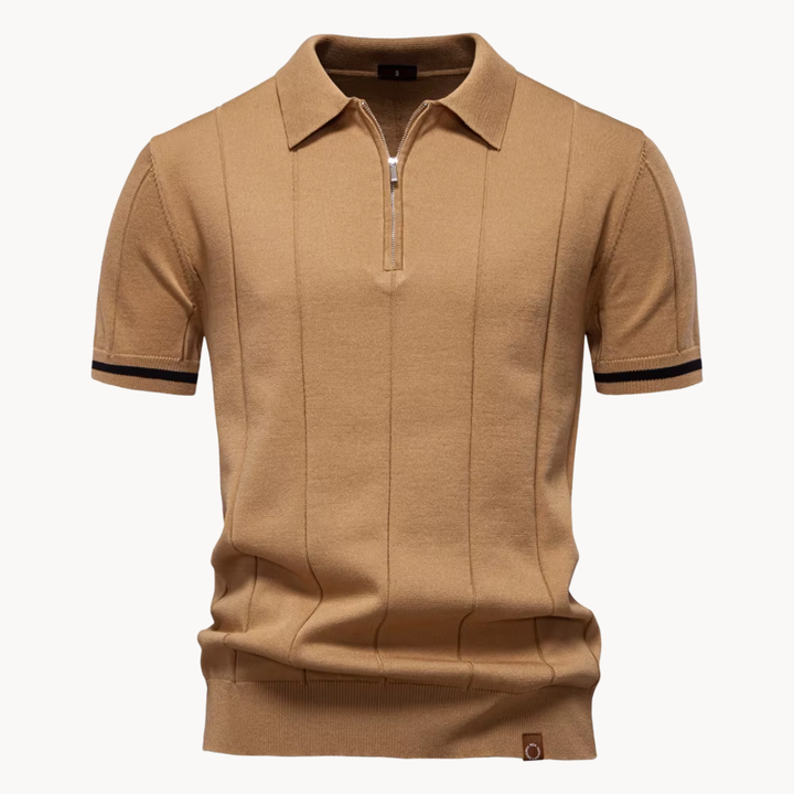 Men's Vertical Panel Short-Sleeve Polo Shirt with Quarter Zip Closure and Contrast Tipped Cuffs