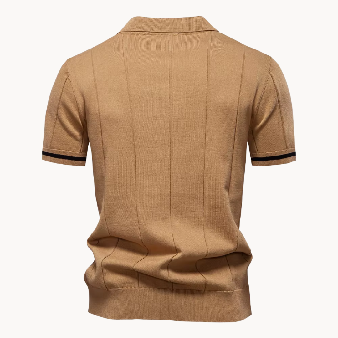 Men's Vertical Panel Short-Sleeve Polo Shirt with Quarter Zip Closure and Contrast Tipped Cuffs