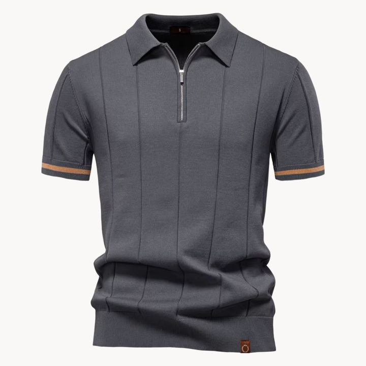 Men's Vertical Panel Short-Sleeve Polo Shirt with Quarter Zip Closure and Contrast Tipped Cuffs