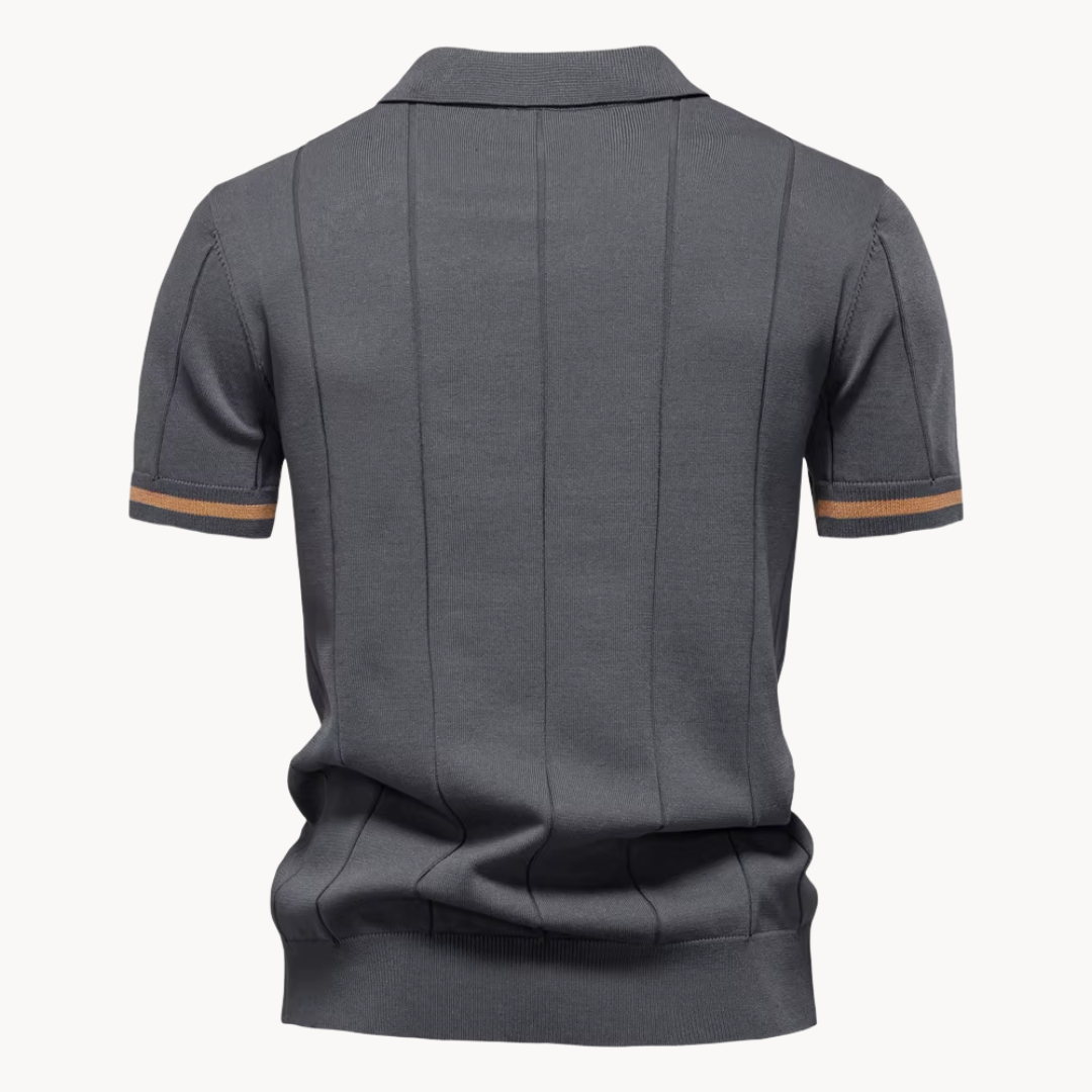 Men's Vertical Panel Short-Sleeve Polo Shirt with Quarter Zip Closure and Contrast Tipped Cuffs