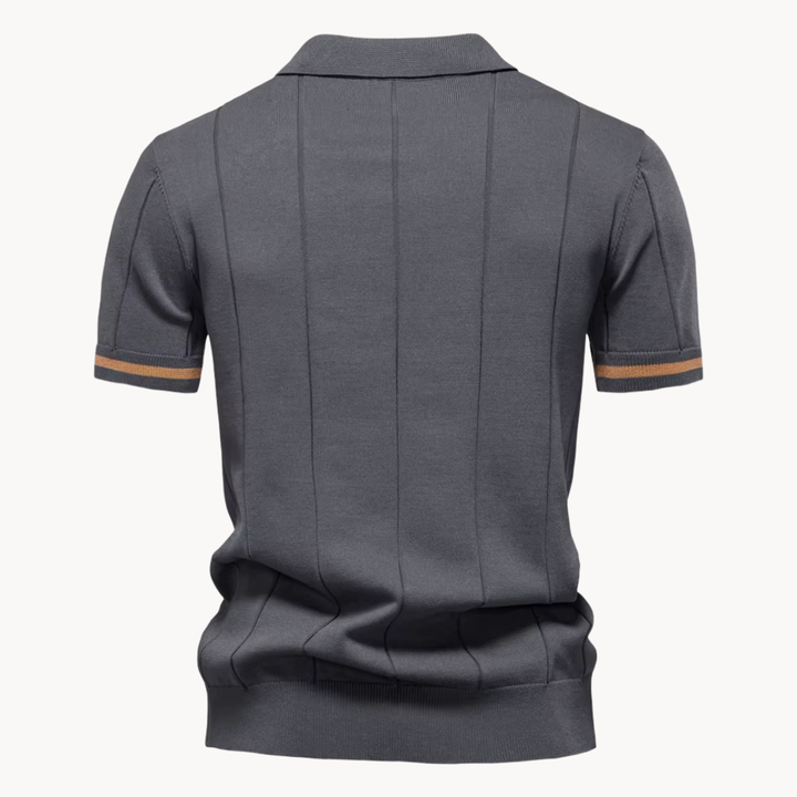 Men's Vertical Panel Short-Sleeve Polo Shirt with Quarter Zip Closure and Contrast Tipped Cuffs