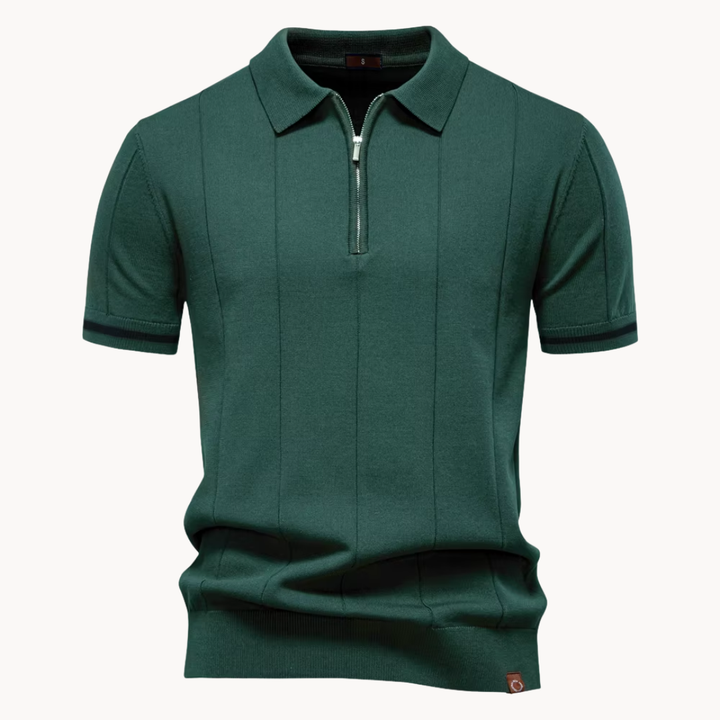 Men's Vertical Panel Short-Sleeve Polo Shirt with Quarter Zip Closure and Contrast Tipped Cuffs