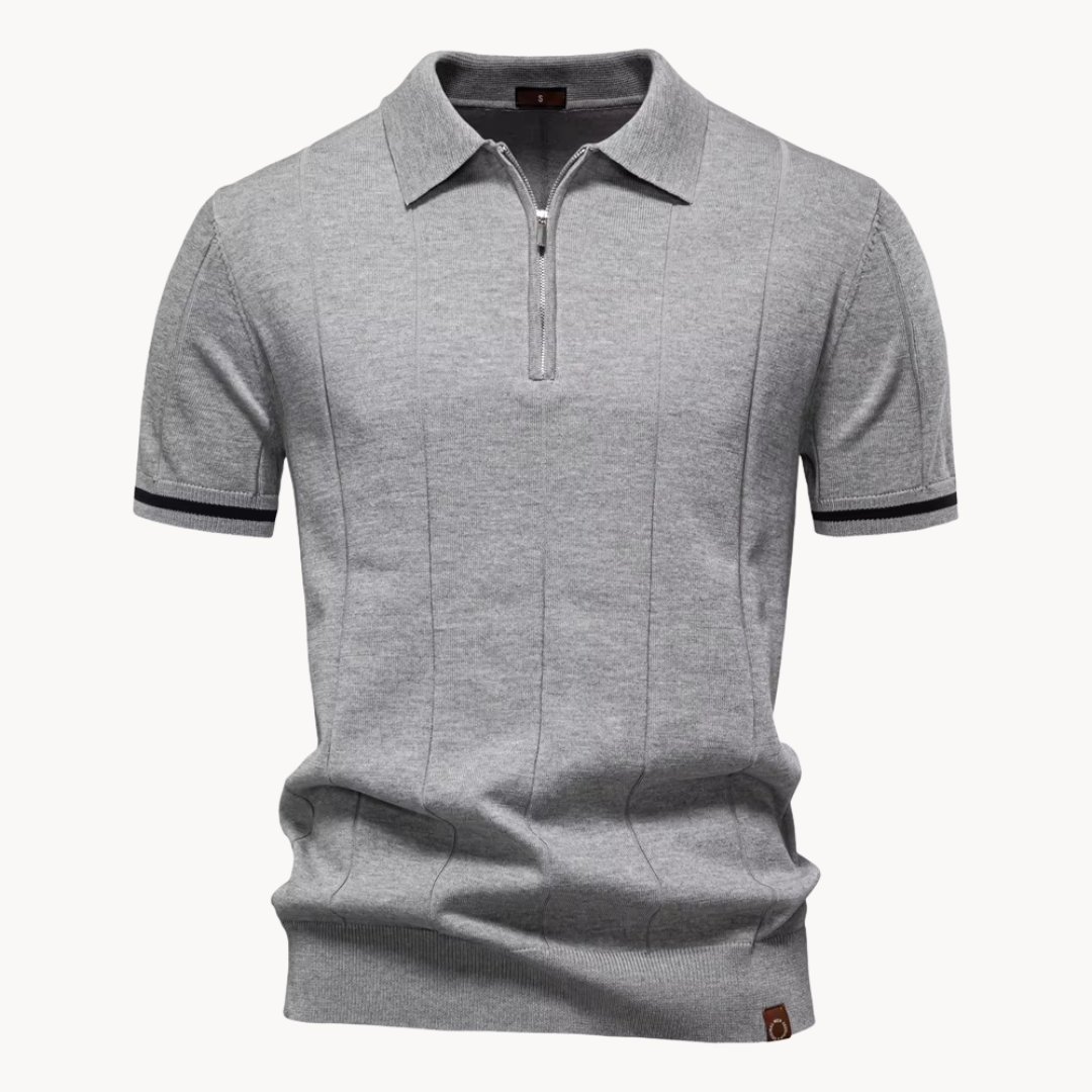 Men's Vertical Panel Short-Sleeve Polo Shirt with Quarter Zip Closure and Contrast Tipped Cuffs