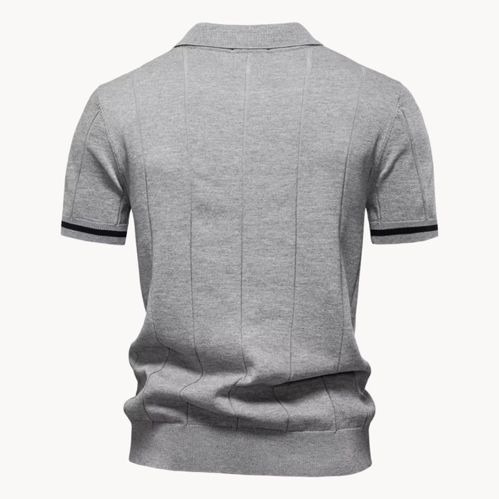 Men's Vertical Panel Short-Sleeve Polo Shirt with Quarter Zip Closure and Contrast Tipped Cuffs