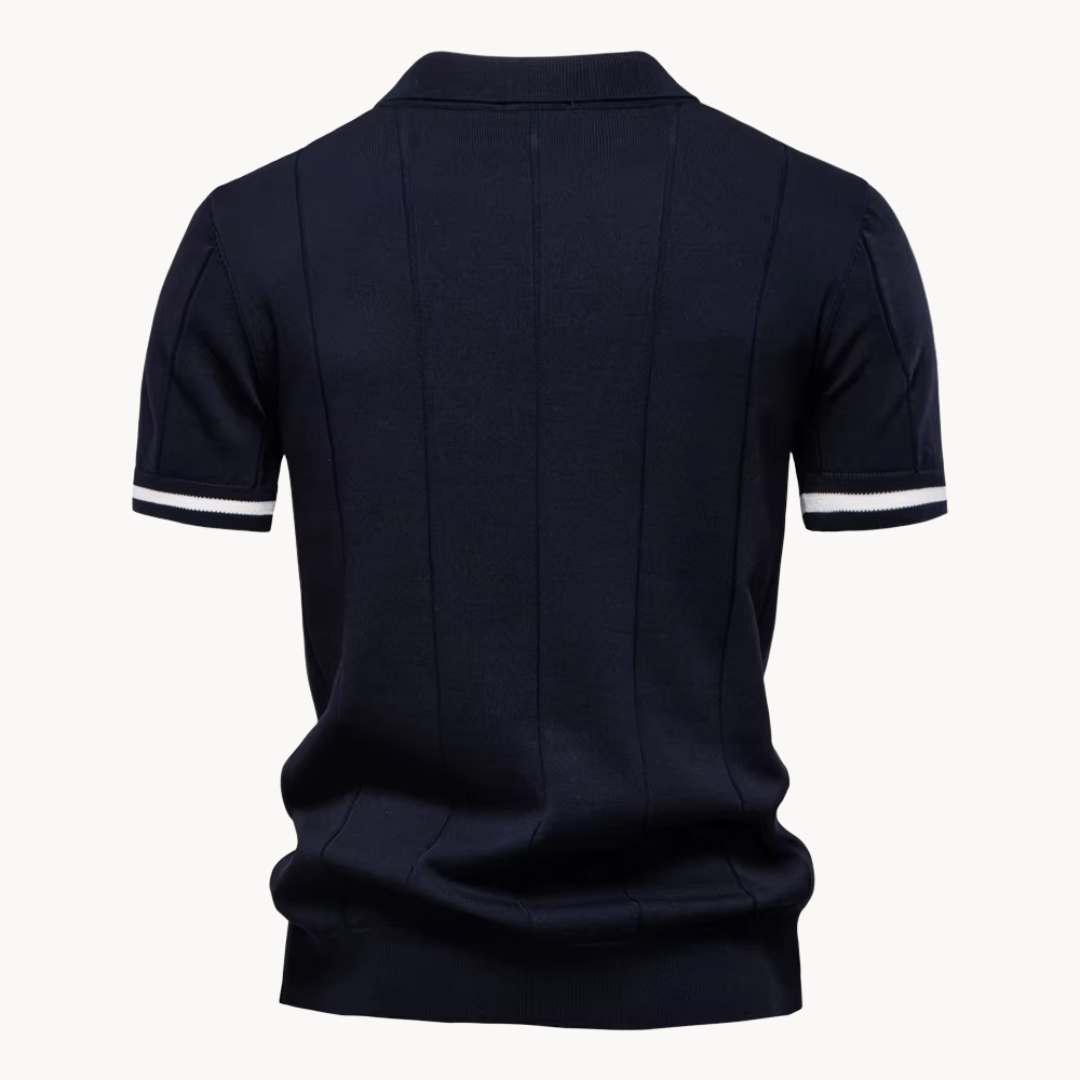 Men's Vertical Panel Short-Sleeve Polo Shirt with Quarter Zip Closure and Contrast Tipped Cuffs