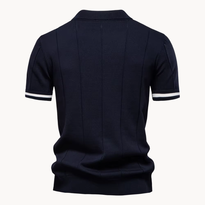 Men's Vertical Panel Short-Sleeve Polo Shirt with Quarter Zip Closure and Contrast Tipped Cuffs