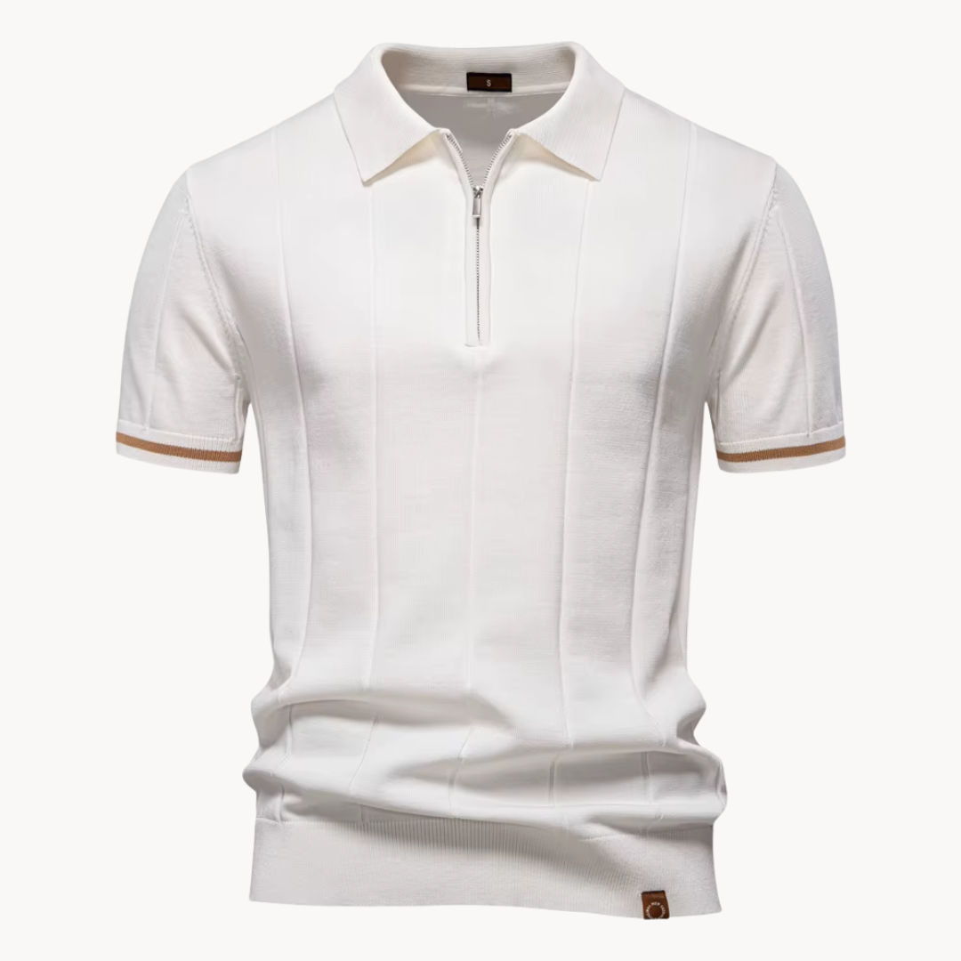 Men's Vertical Panel Short-Sleeve Polo Shirt with Quarter Zip Closure and Contrast Tipped Cuffs