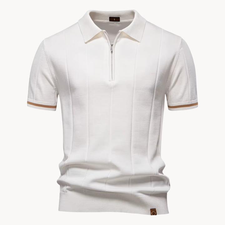Men's Vertical Panel Short-Sleeve Polo Shirt with Quarter Zip Closure and Contrast Tipped Cuffs