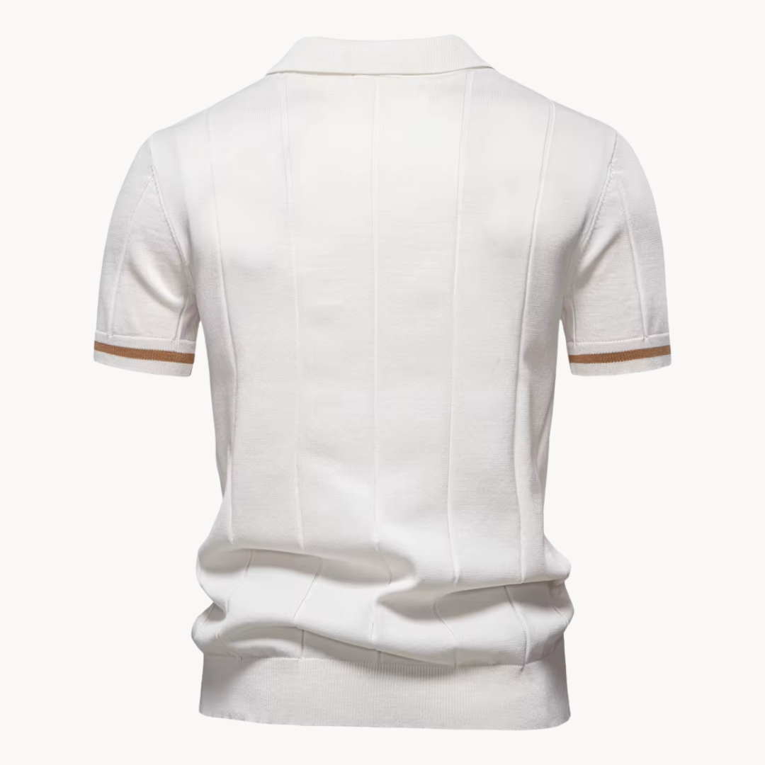 Men's Vertical Panel Short-Sleeve Polo Shirt with Quarter Zip Closure and Contrast Tipped Cuffs