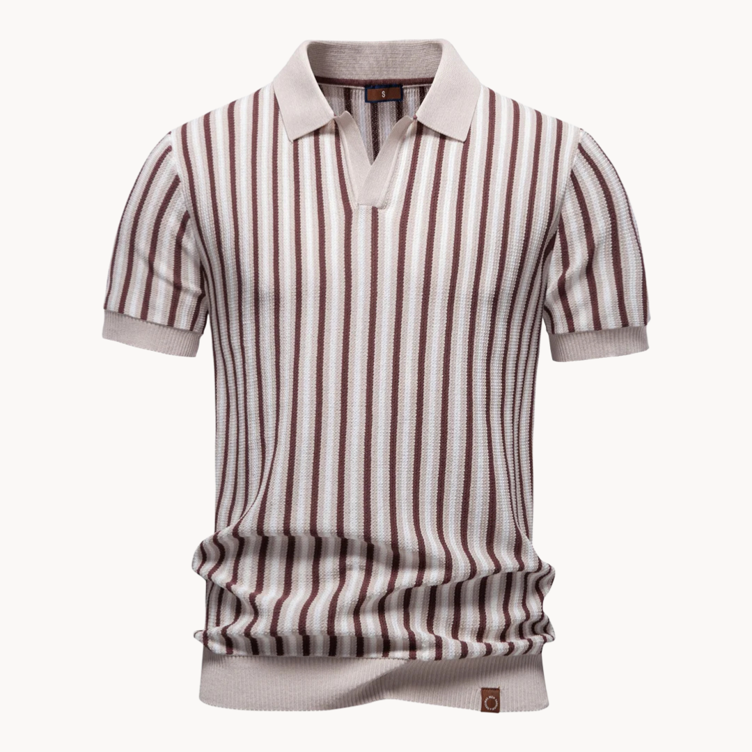 Men's Vertical Stripe Open-Collar Short-Sleeve Polo Shirt with Ribbed Cuffs and Hem