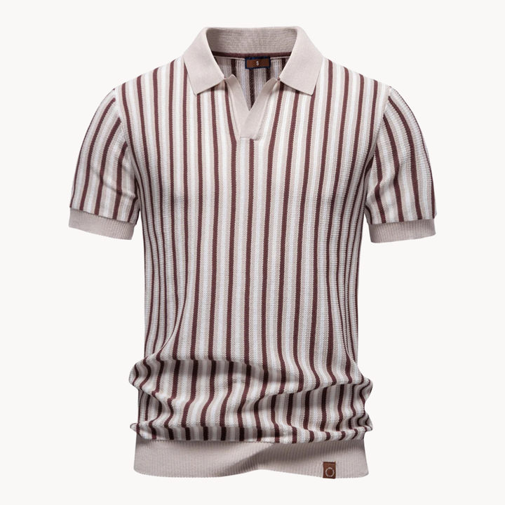 Men's Vertical Stripe Open-Collar Short-Sleeve Polo Shirt with Ribbed Cuffs and Hem