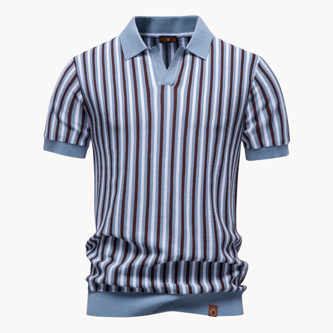 Men's Vertical Stripe Open-Collar Short-Sleeve Polo Shirt with Ribbed Cuffs and Hem