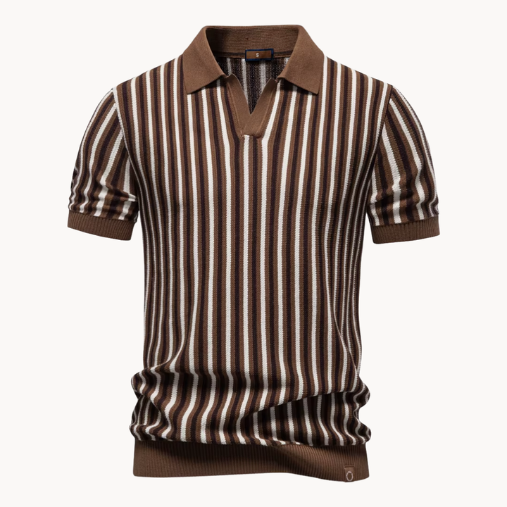 Men's Vertical Stripe Open-Collar Short-Sleeve Polo Shirt with Ribbed Cuffs and Hem
