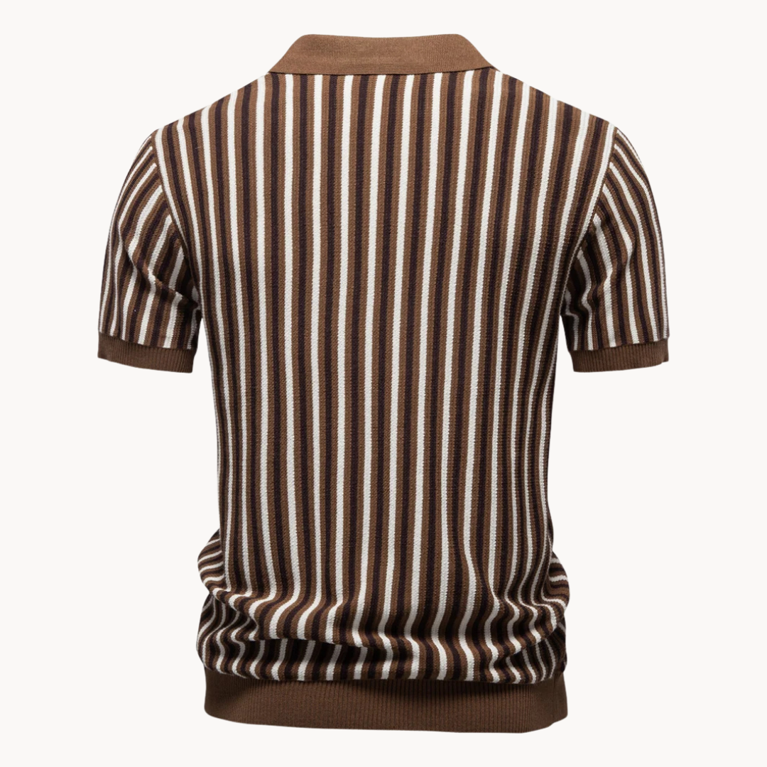 Men's Vertical Stripe Open-Collar Short-Sleeve Polo Shirt with Ribbed Cuffs and Hem