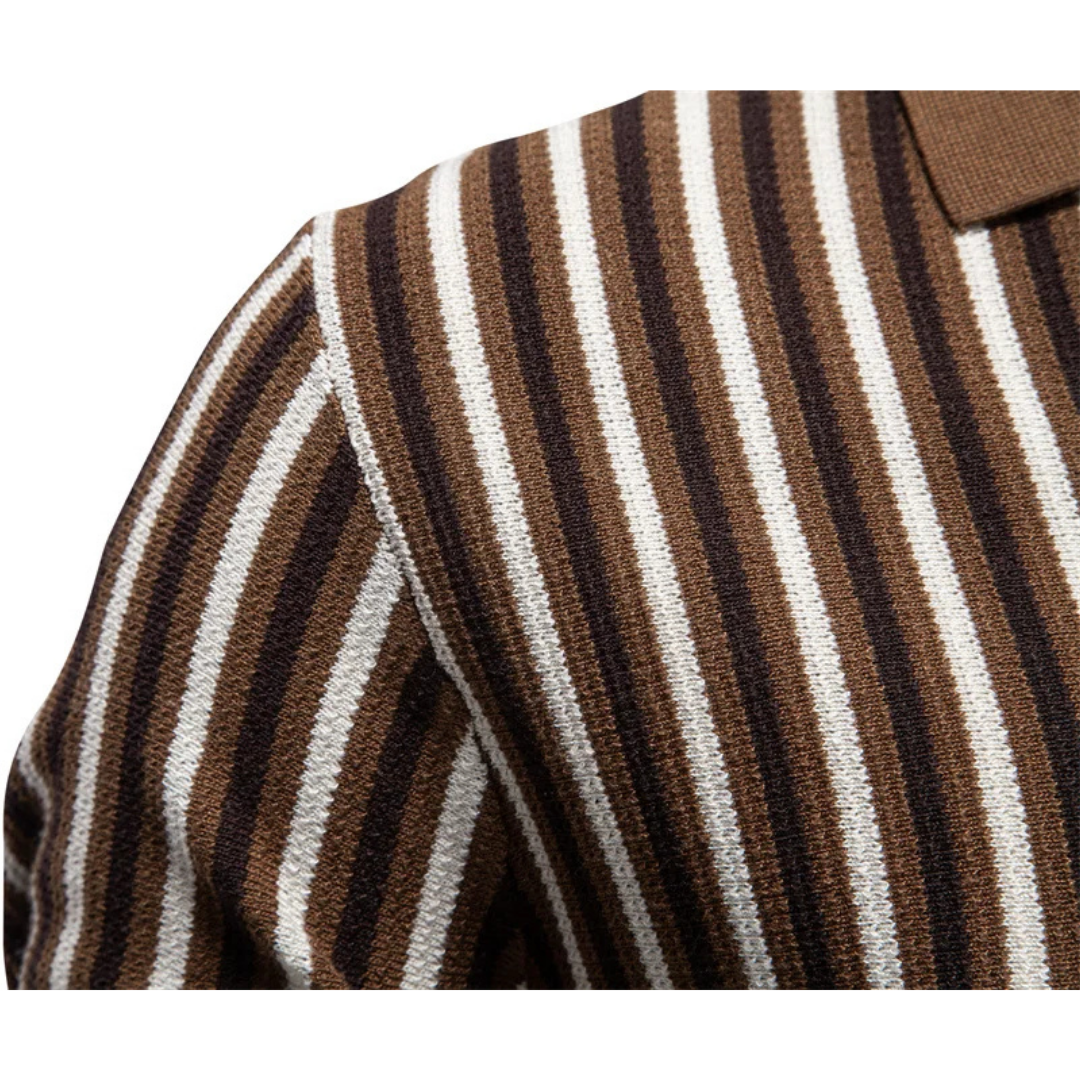 Men's Vertical Stripe Open-Collar Short-Sleeve Polo Shirt with Ribbed Cuffs and Hem