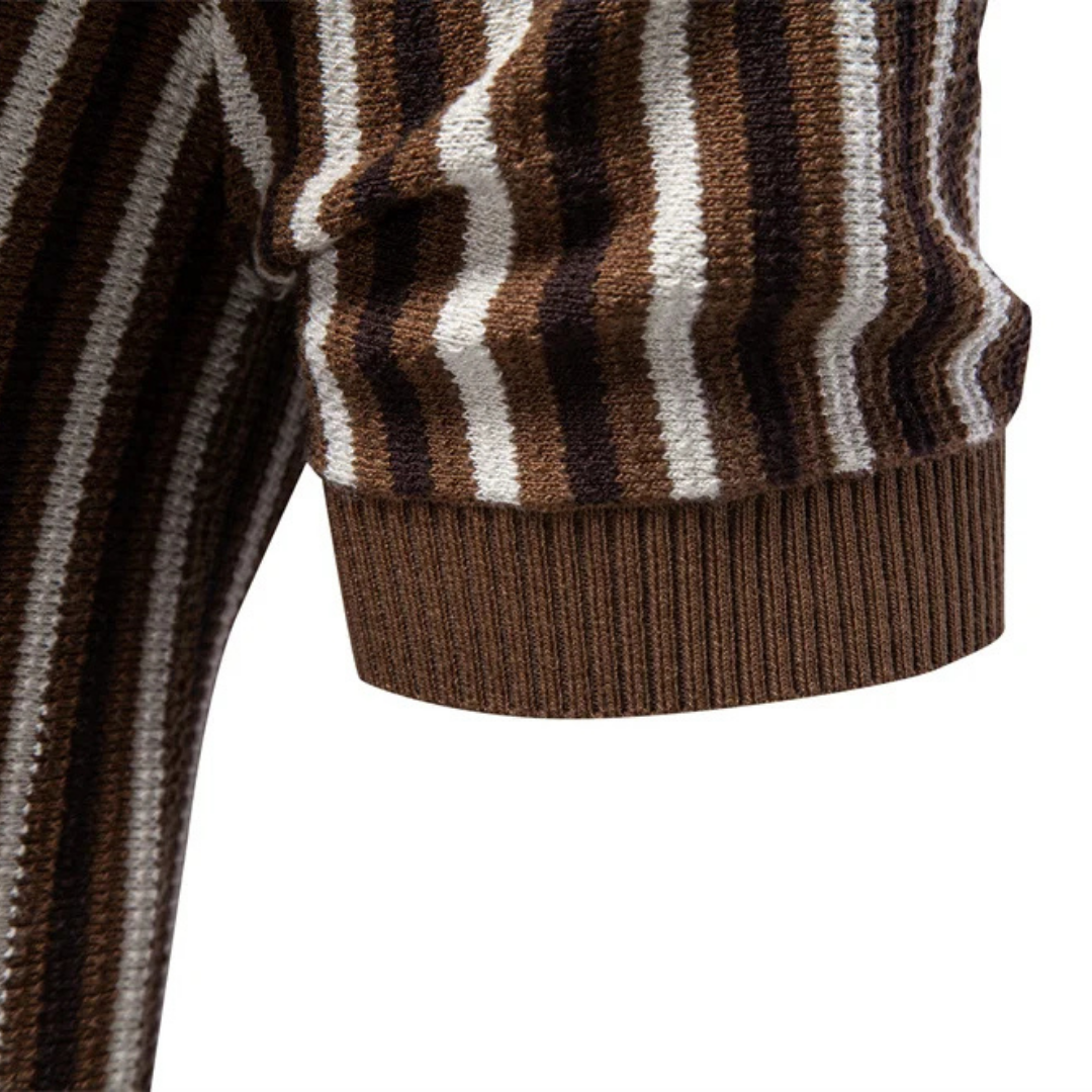 Men's Vertical Stripe Open-Collar Short-Sleeve Polo Shirt with Ribbed Cuffs and Hem