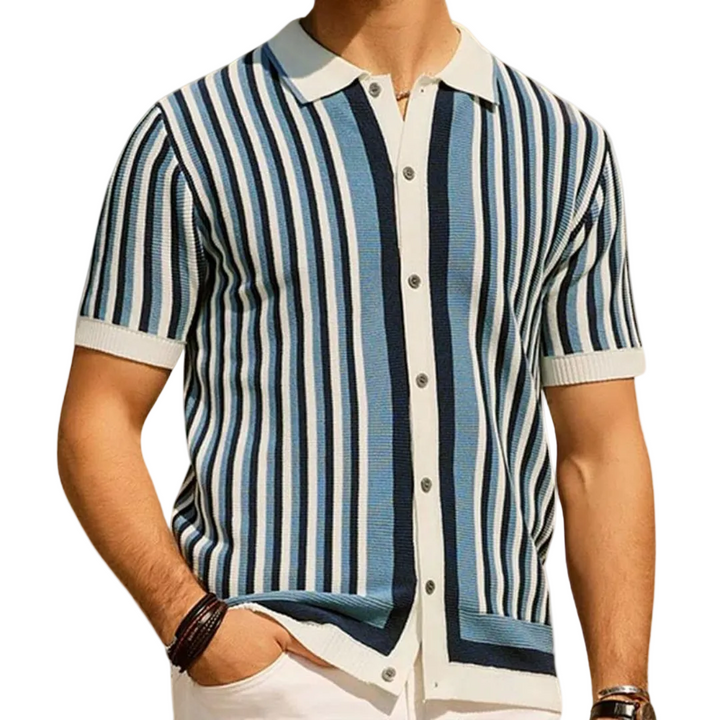 Men's Vertical Stripe Short Sleeve Polo Shirt Button Closure