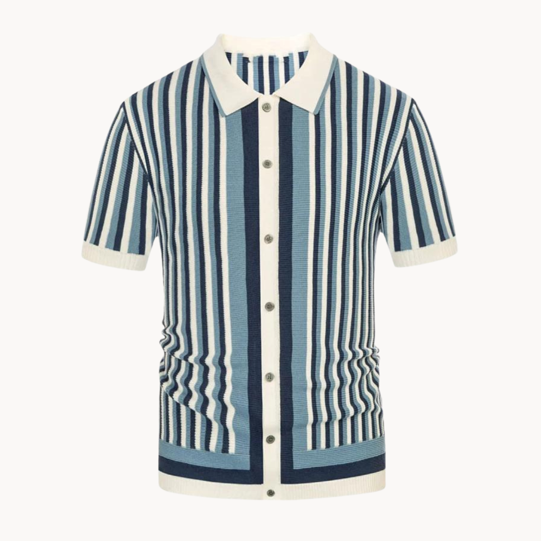 Men's Vertical Stripe Short Sleeve Polo Shirt Button Closure