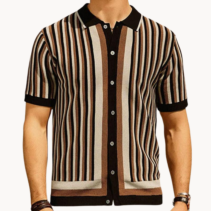 Men's Vertical Stripe Short Sleeve Polo Shirt Button Closure