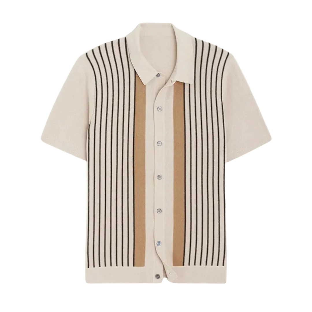 Men's Vertical Stripe Short Sleeve Polo Shirt with Button Closure