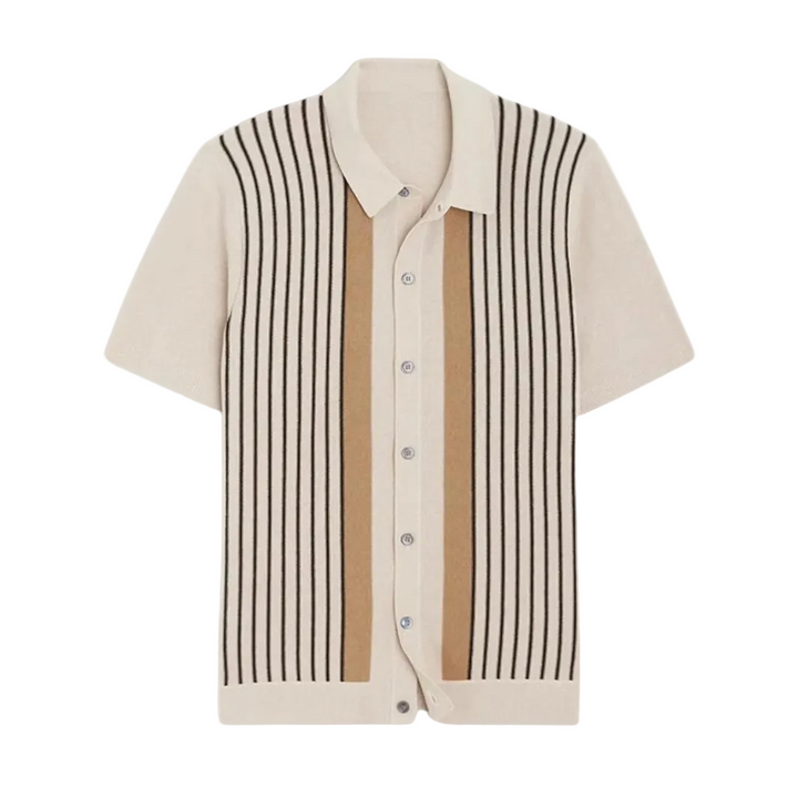 Men's Vertical Stripe Short Sleeve Polo Shirt with Button Closure