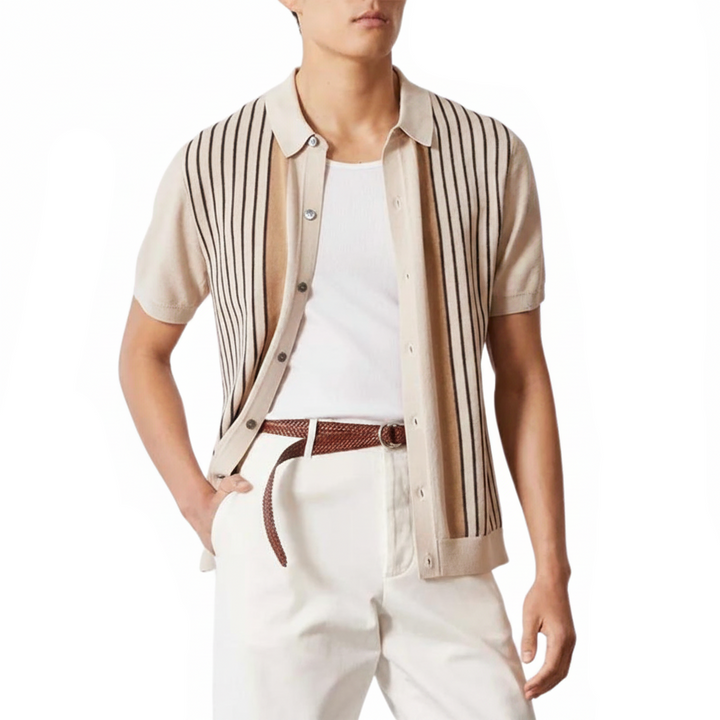 Men's Vertical Stripe Short Sleeve Polo Shirt with Button Closure