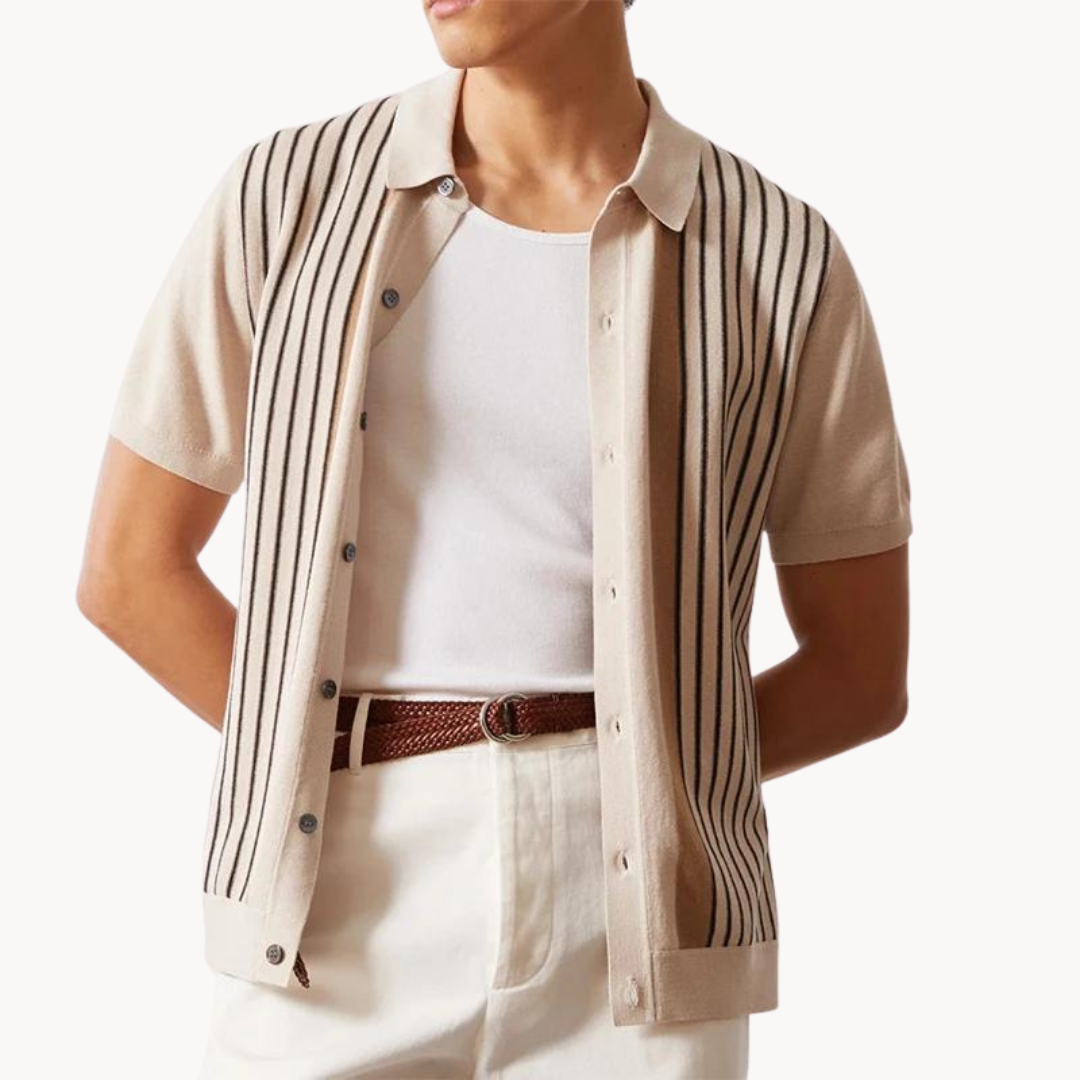 Men's Vertical Stripe Short Sleeve Polo Shirt with Button Closure