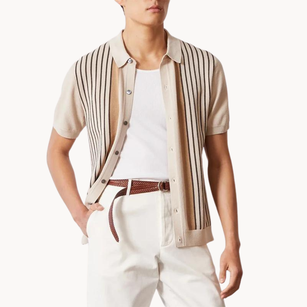 Men's Vertical Stripe Short Sleeve Polo Shirt with Button Closure