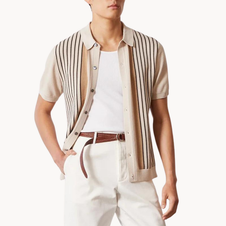 Men's Vertical Stripe Short Sleeve Polo Shirt with Button Closure
