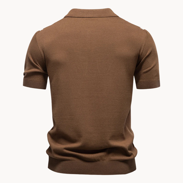 Men's Vertical Stripe Short-Sleeve Polo Shirt with Button Placket and Ribbed Hem
