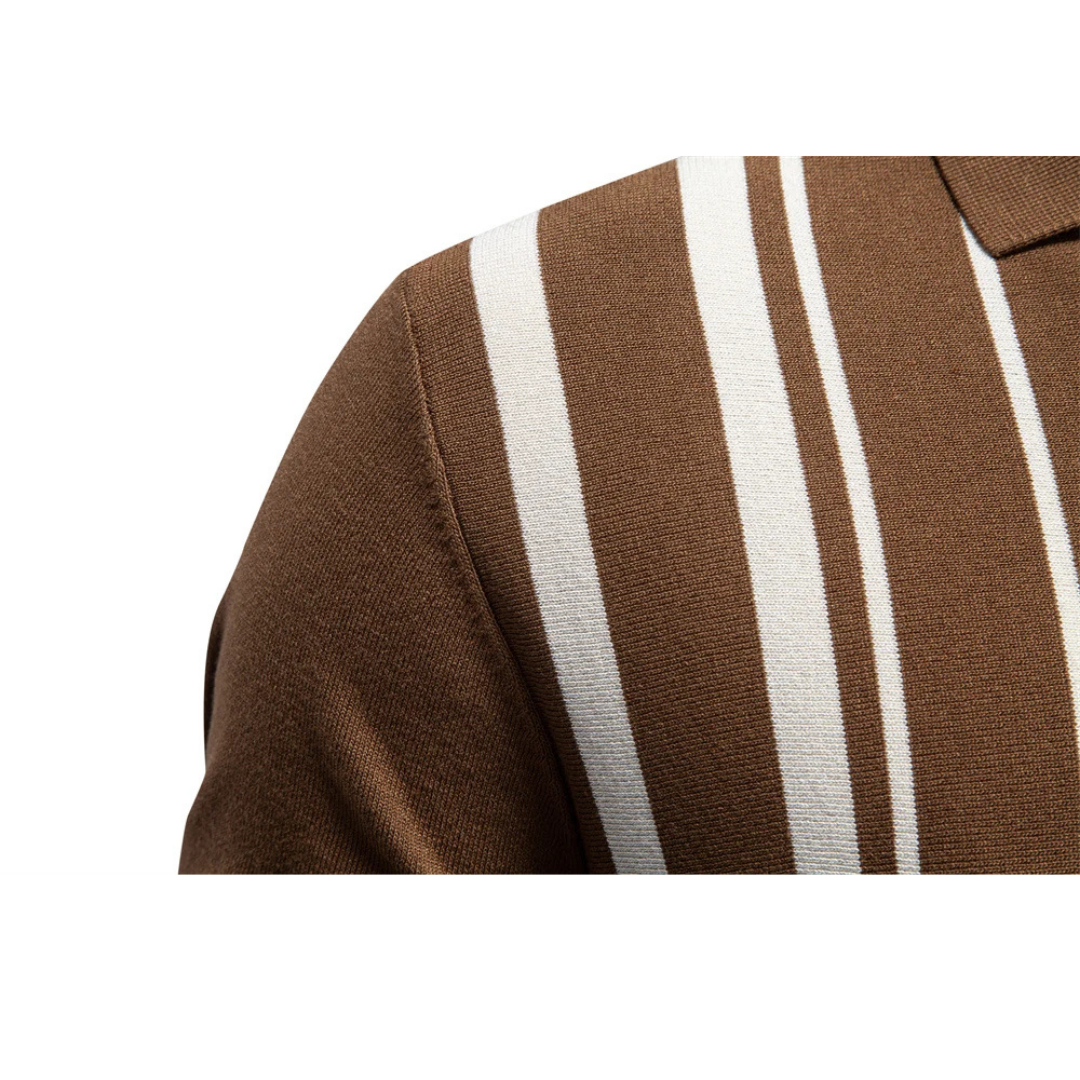 Men's Vertical Stripe Short-Sleeve Polo Shirt with Button Placket and Ribbed Hem