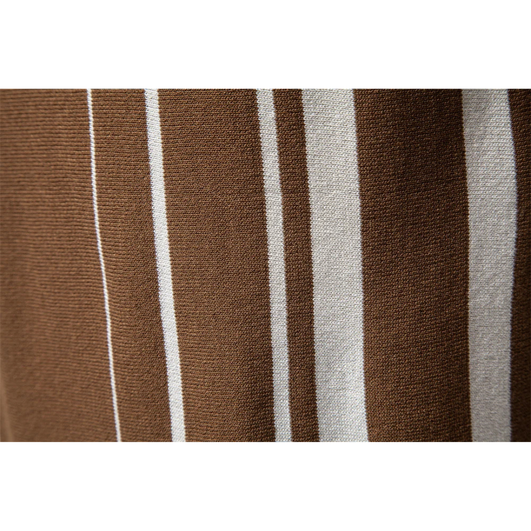 Men's Vertical Stripe Short-Sleeve Polo Shirt with Button Placket and Ribbed Hem