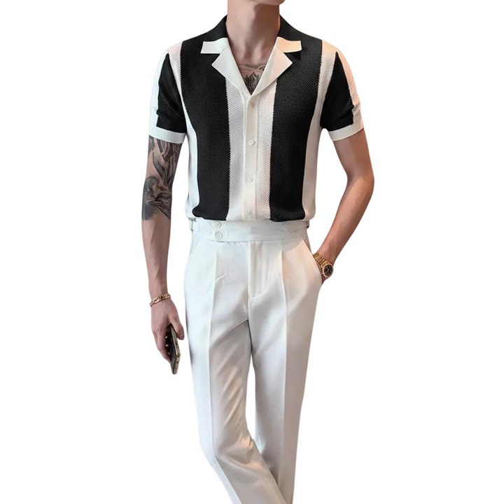 Men's Vertical Stripe Short Sleeve Polo Shirt with Open Collar and Button Closure