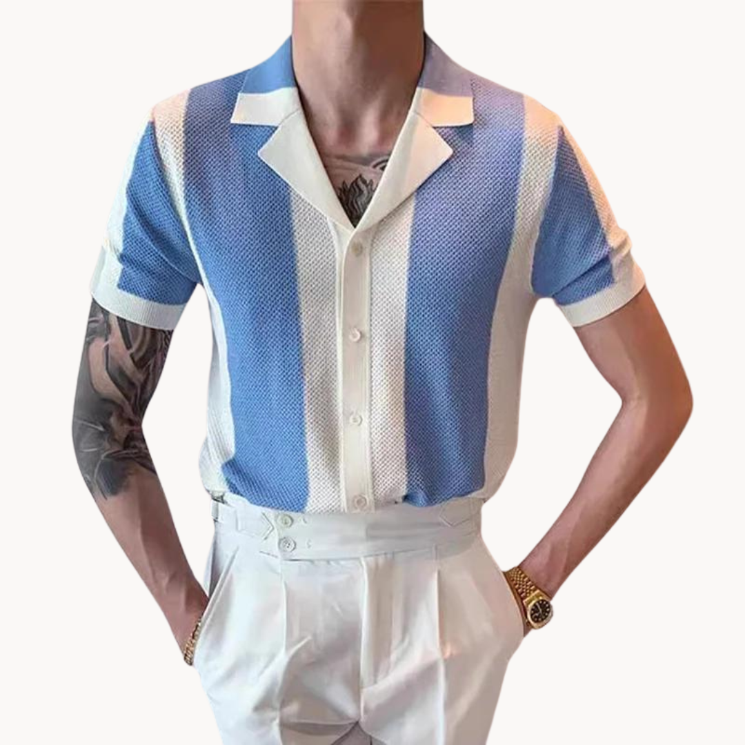 Men's Vertical Stripe Short Sleeve Polo Shirt with Open Collar and Button Closure