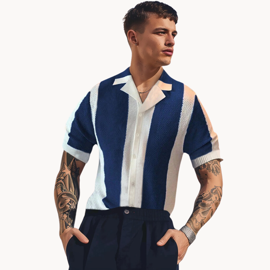 Men's Vertical Stripe Short Sleeve Polo Shirt with Open Collar and Button Closure