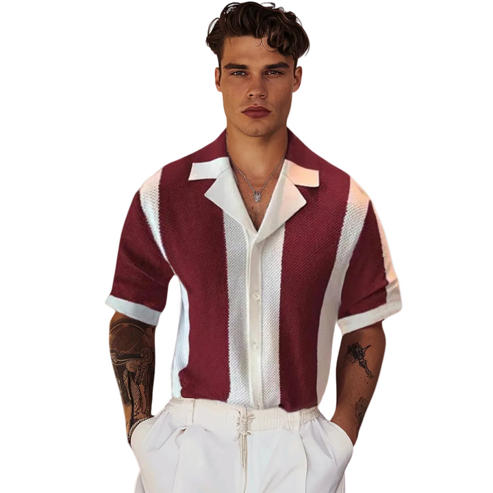 Men's Vertical Stripe Short Sleeve Polo Shirt with Open Collar and Button Closure