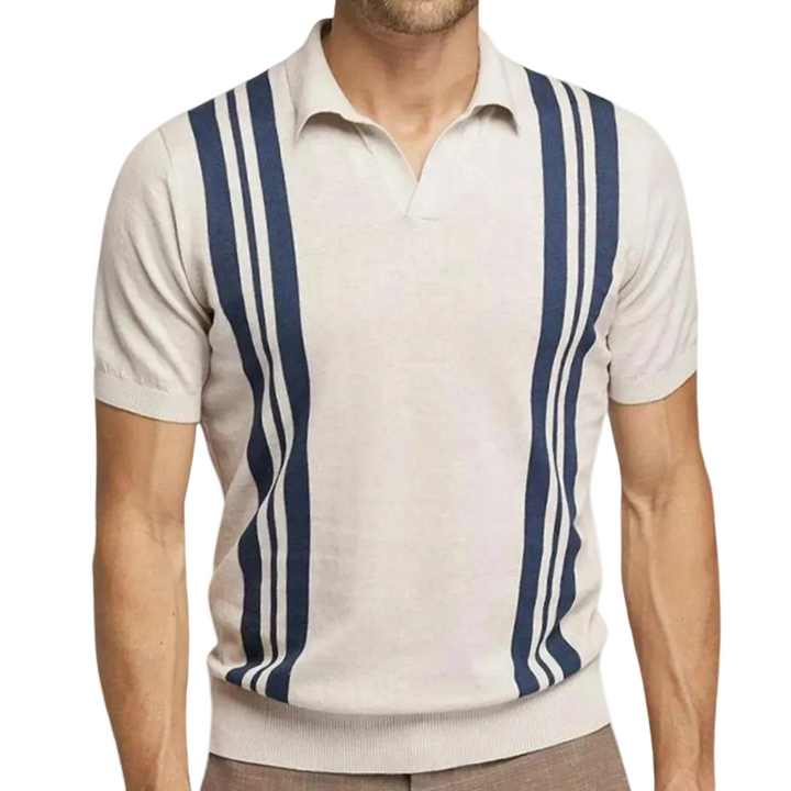 Men's Vertical Stripe Short Sleeve Polo Shirt with Open Collar and Ribbed Hem