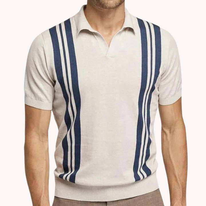 Men's Vertical Stripe Short Sleeve Polo Shirt with Open Collar and Ribbed Hem