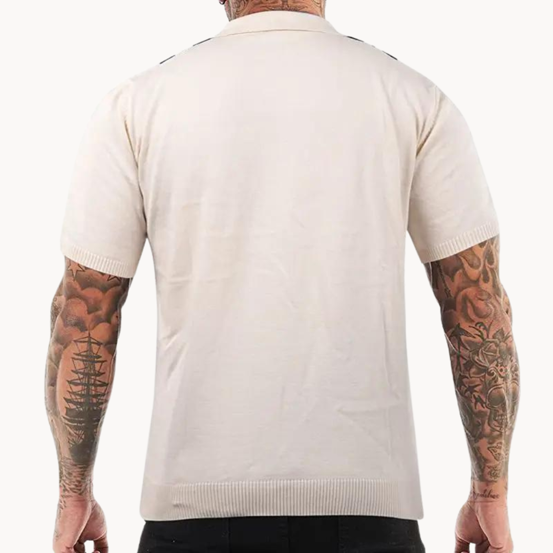 Men's Vertical Stripe Short Sleeve Polo Shirt with Open Collar and Ribbed Hem