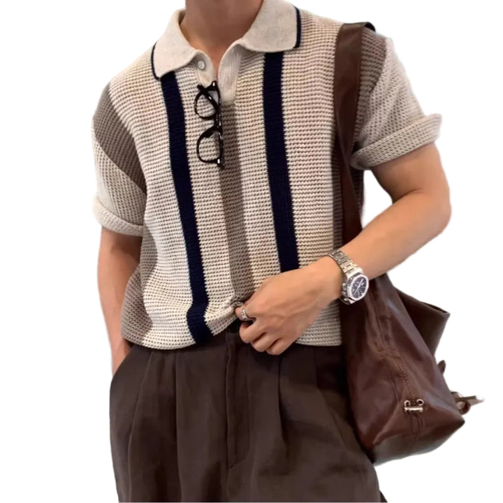 Men's Vertical Stripe Short-Sleeve Polo Shirt with Waffle Knit Surface and Two-Button Placket