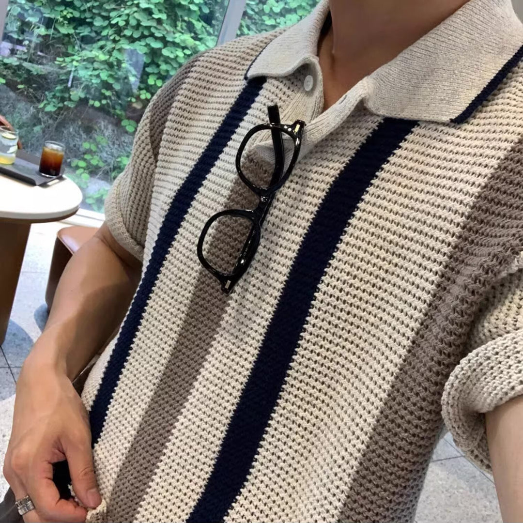 Men's Vertical Stripe Short-Sleeve Polo Shirt with Waffle Knit Surface and Two-Button Placket