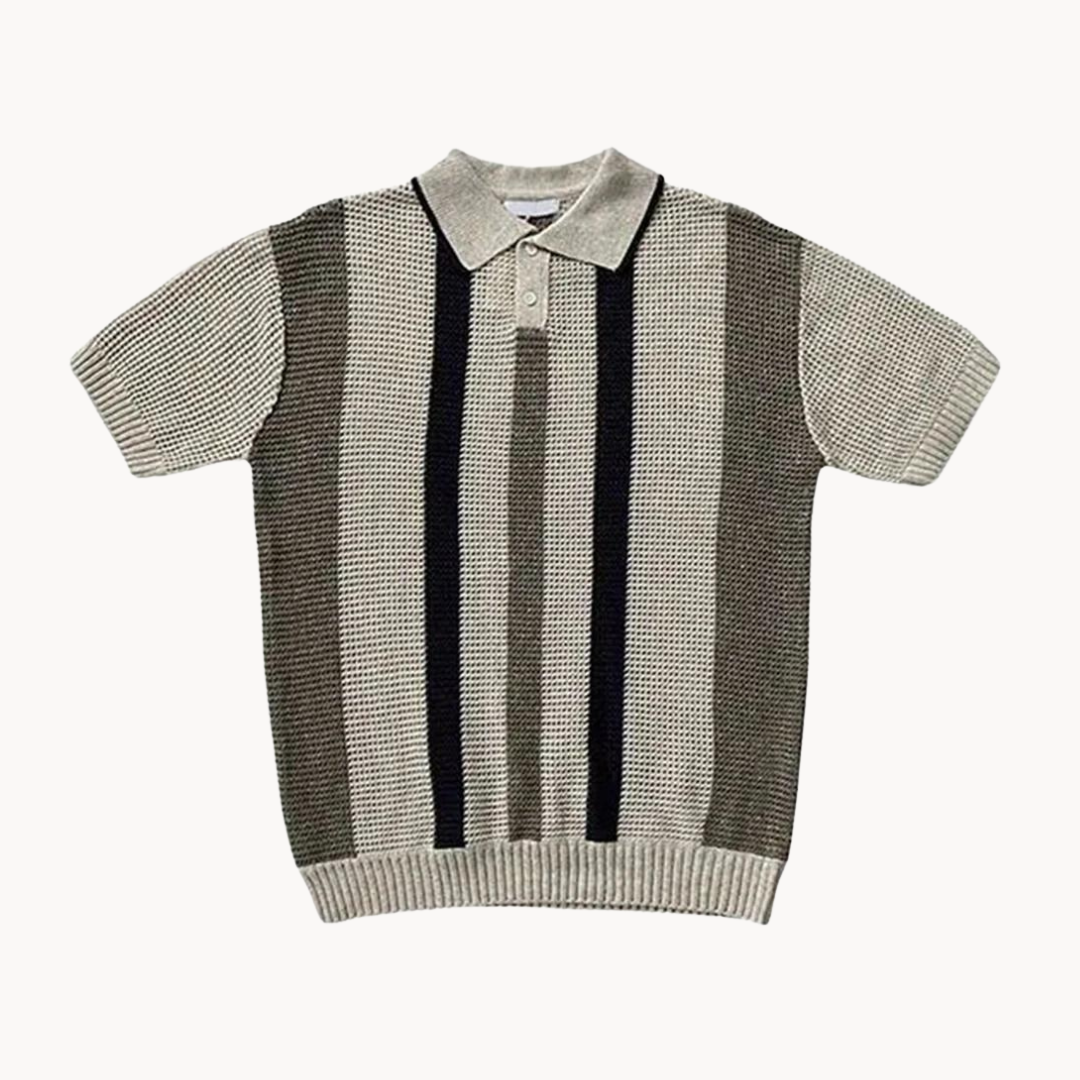Men's Vertical Stripe Short-Sleeve Polo Shirt with Waffle Knit Surface and Two-Button Placket