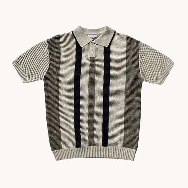 Men's Vertical Stripe Short-Sleeve Polo Shirt with Waffle Knit Surface and Two-Button Placket