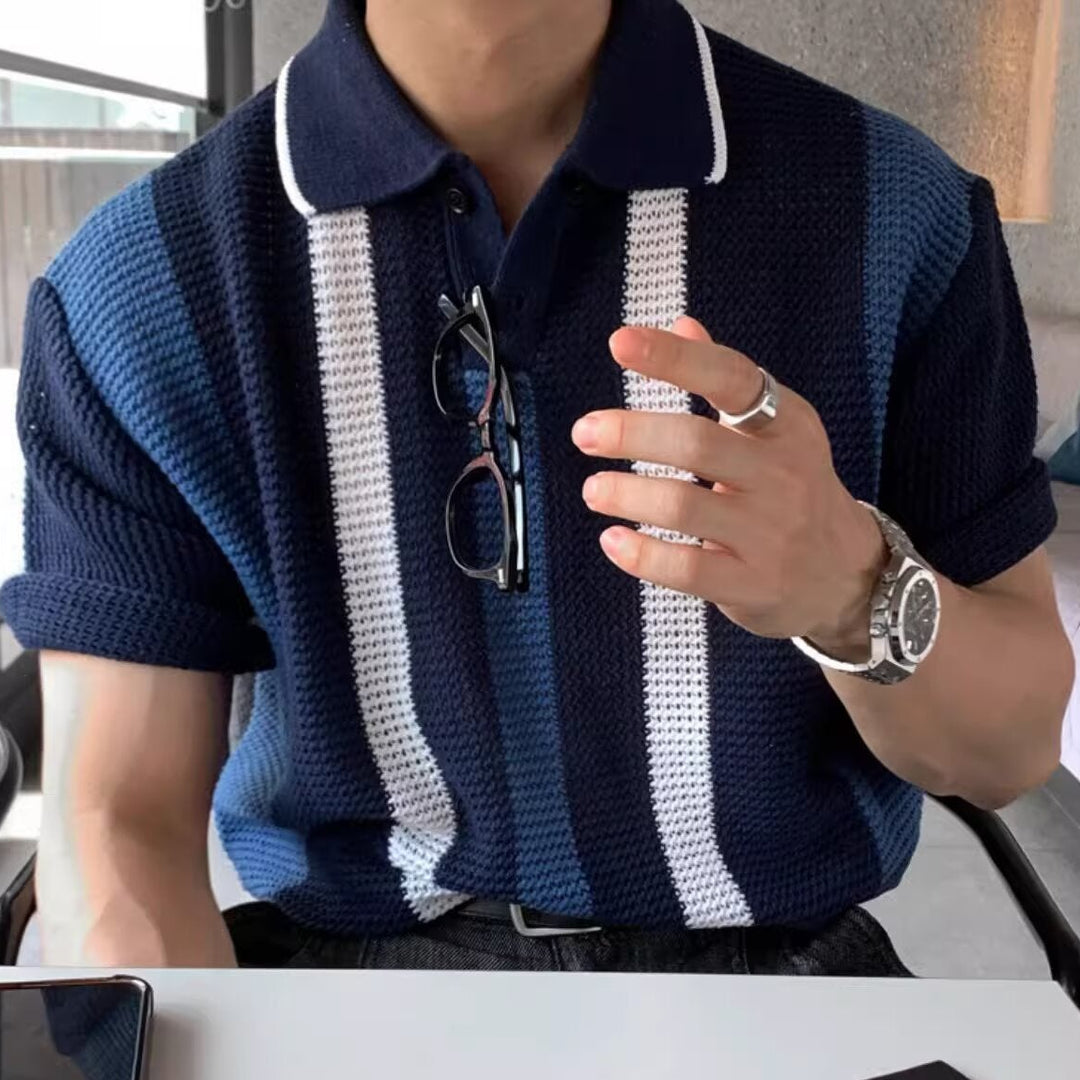 Men's Vertical Stripe Short-Sleeve Polo Shirt with Waffle Knit Surface and Two-Button Placket