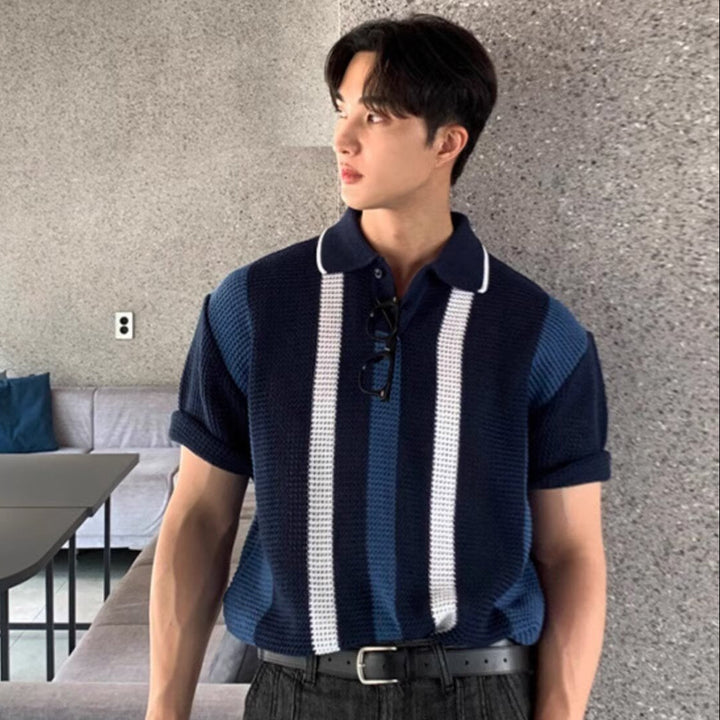 Men's Vertical Stripe Short-Sleeve Polo Shirt with Waffle Knit Surface and Two-Button Placket