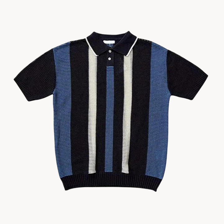 Men's Vertical Stripe Short-Sleeve Polo Shirt with Waffle Knit Surface and Two-Button Placket