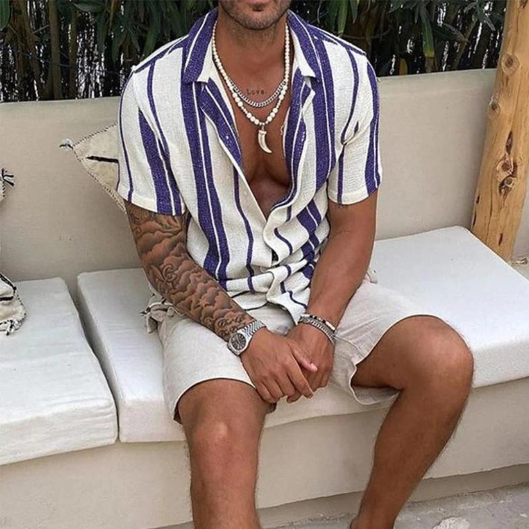 Men's Vertical Stripe Short Sleeve Shirt with Open Camp Collar and Button-Front Placket