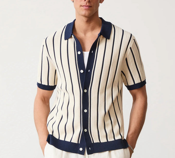 Men's Vertical Stripe Waffle Knit Spread Collar Full Button-Front Short-Sleeve Shirt with Contrast Trim