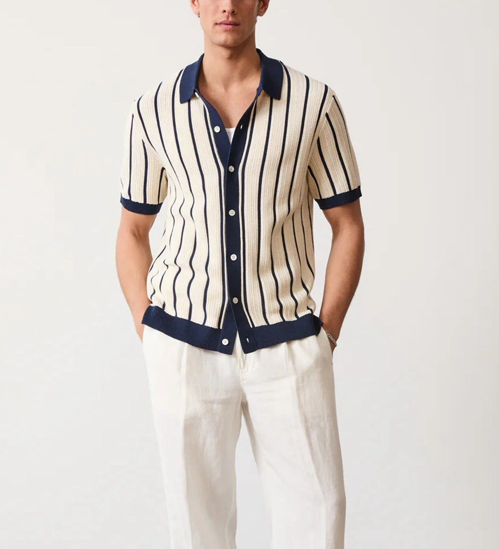Men's Vertical Stripe Waffle Knit Spread Collar Full Button-Front Short-Sleeve Shirt with Contrast Trim