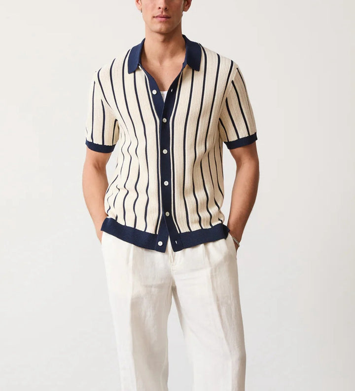 Men's Vertical Stripe Waffle Knit Spread Collar Full Button-Front Short-Sleeve Shirt with Contrast Trim